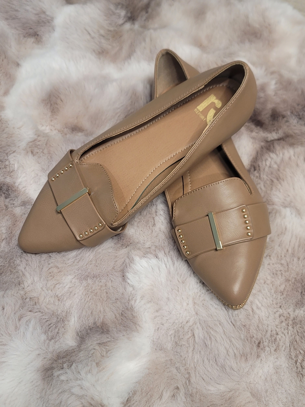 Report Taupe Pointed Toe Flats with Gold Accents